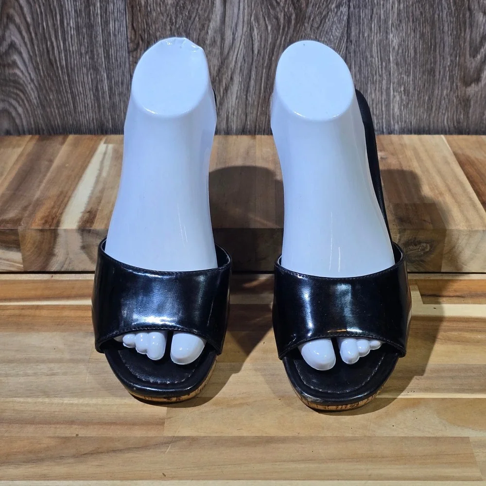 Talbots Black Leather Cork Wedge Sandals Open Toe Slide Shoes Women's 9.5B Black